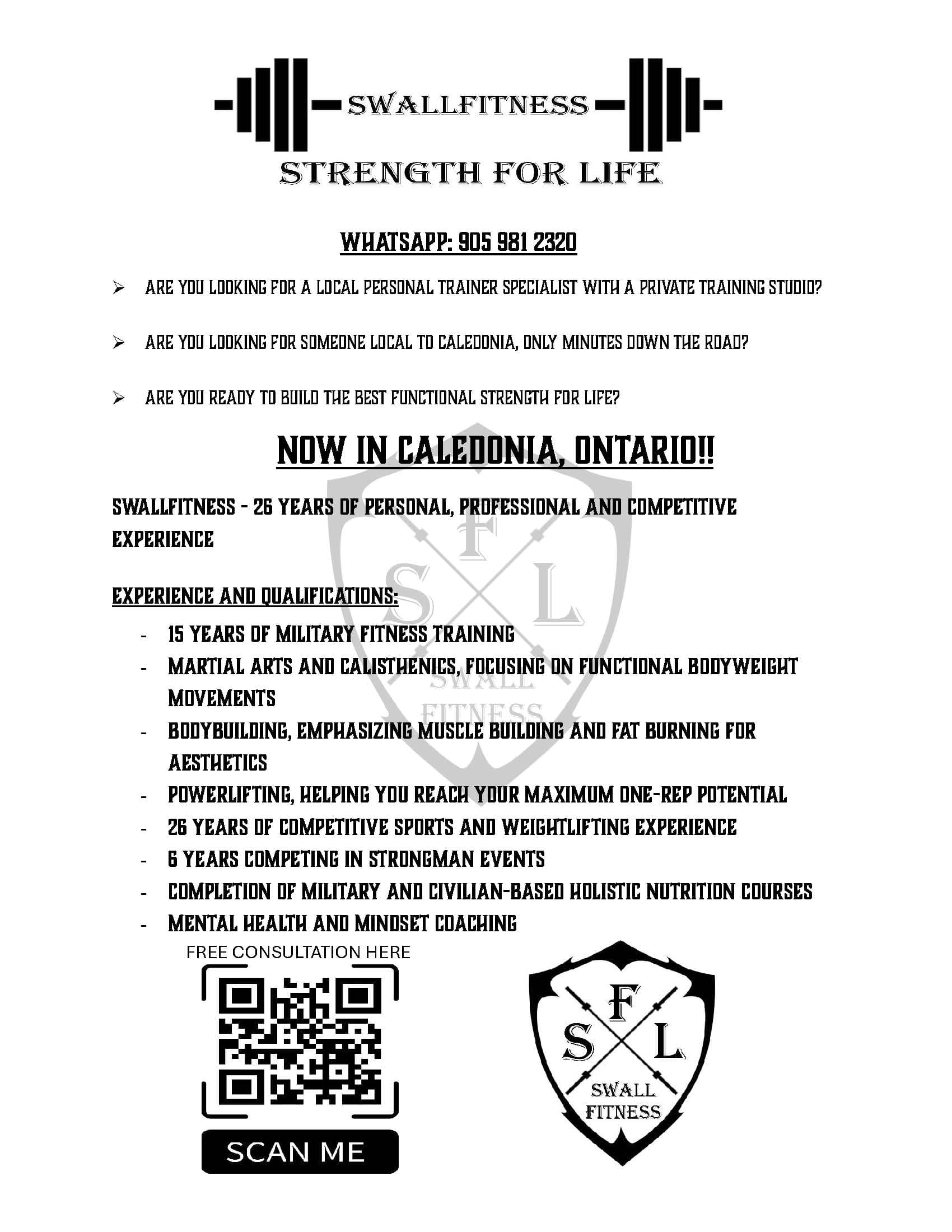 SWALLFitness flyer — Now in Caledonia, Ontario, WhatsApp 905 981 2320, Strength for Life